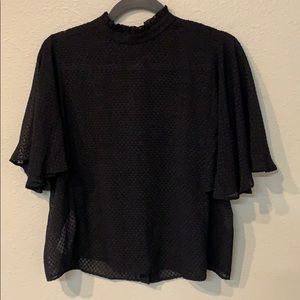 Mango Black Textured Ruffle-Neck Flutter Sleeve Blouse